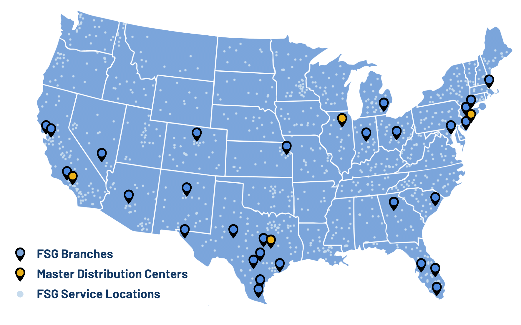A map of the United States showing the location of FSG's offices